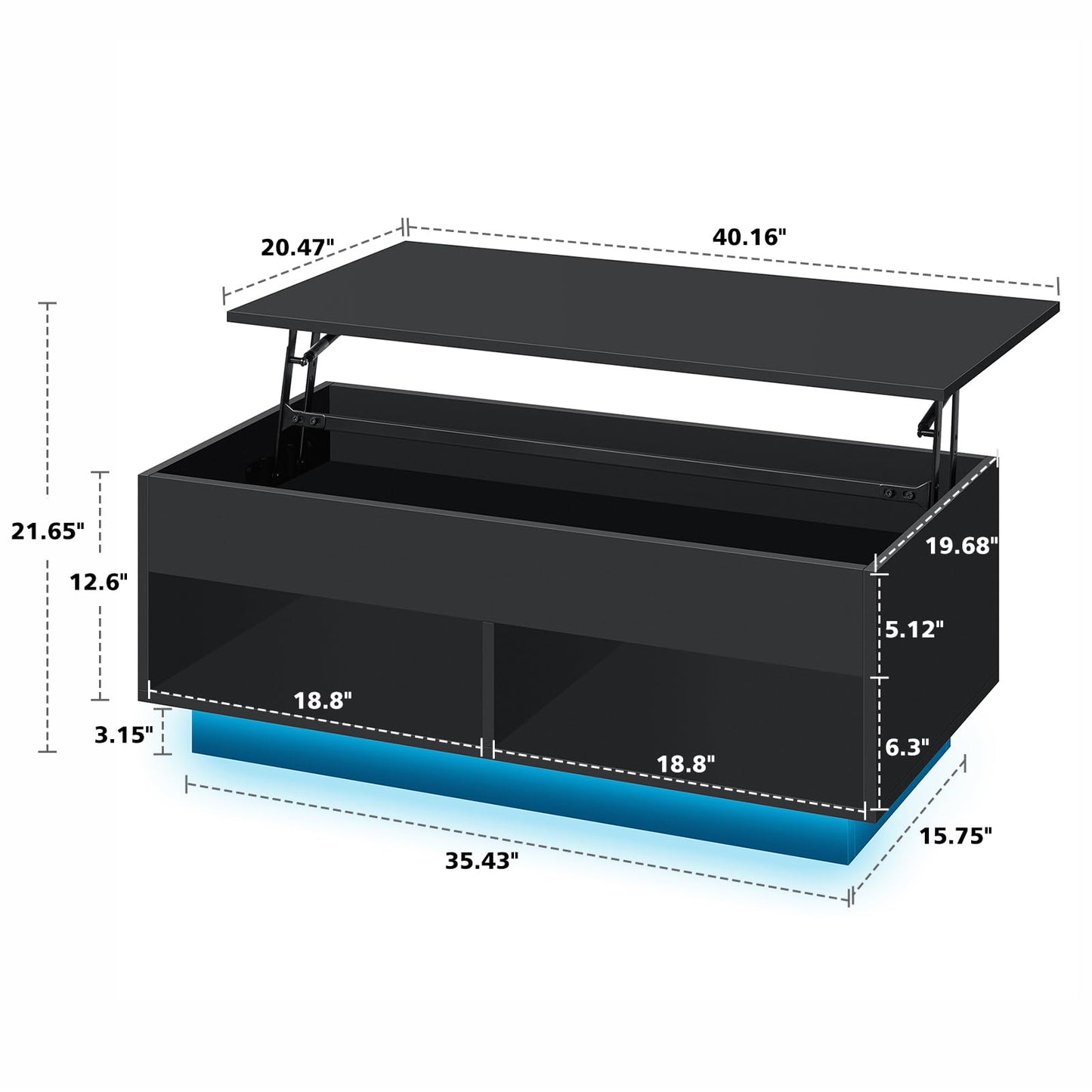 HOMMPA 40" Modern LED Coffee Table with Storage for Living Room, Lift Top Coffee Table with 2 Shelves, High Glossy Wooden Dining Table, Multifunctional Furniture for Bedroom Home Office, Black