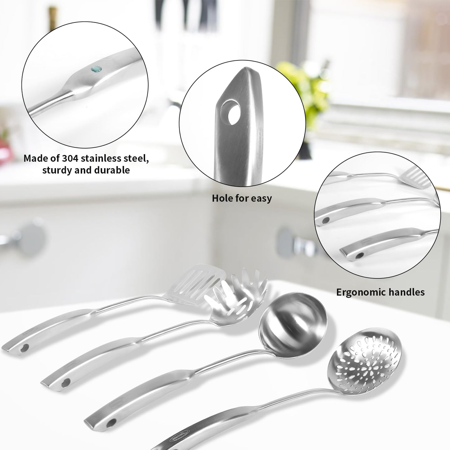 Newness 4 Pcs Cooking Utensils Set, 304 Stainless Steel Kitchen Utensils Set, Metal Kitchen Accessories, Include Soup Ladle, Slotted Skimmer Spoon, Spaghetti Spoon and Spatula, Dishwasher Safe