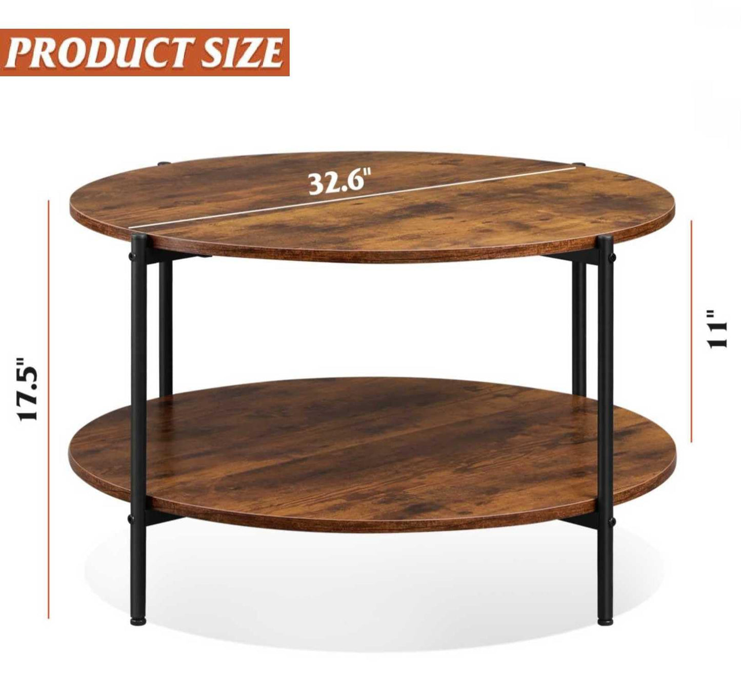 WLIVE Round Coffee Table, 32.6" Small Coffee Table with Storage Shelf, 2-Tier Circle Wood Center Table for Living Room, Apartment, Rustic Brown