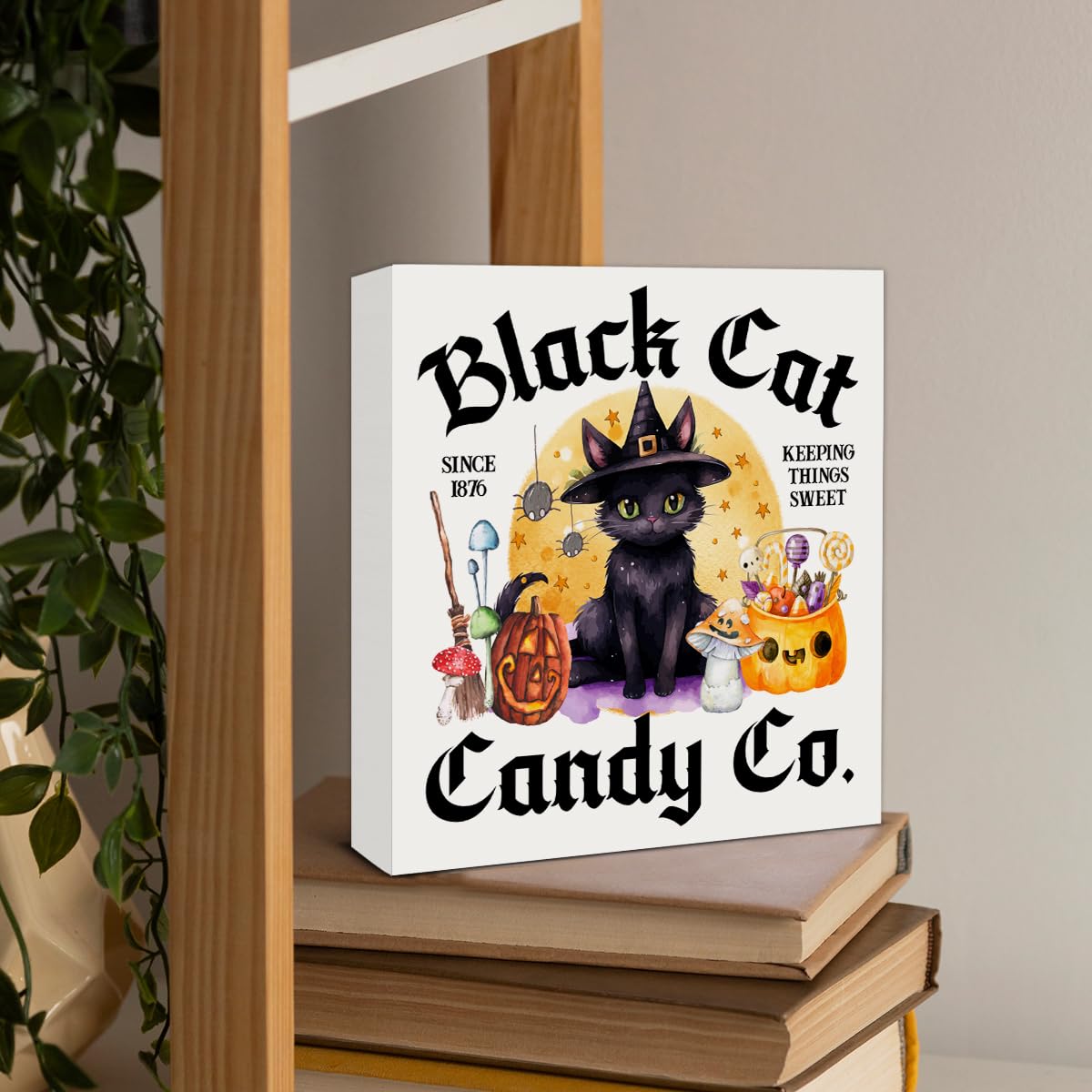 Halloween Sign Decor Black Cat Candy Co Wooden Box Sign Halloween Home Kitchen Living Room Decor