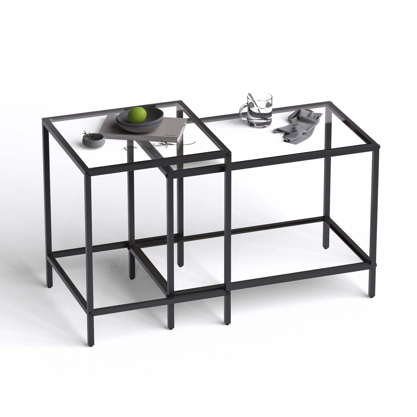 Nesting Coffee Table,Small Glass Coffee Table Set of 2,Black Modern Square Sofa Side Tea Table for Living Room,Bedroom and Small Spaces,2 Tier Tempered Glass with Sturdy Metal Frame, Easy Assembly