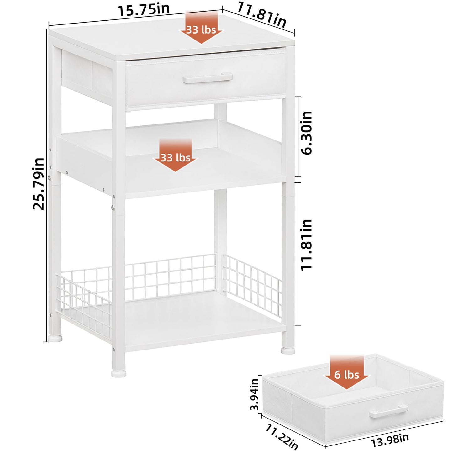 Lerliuo White Printer Stand with Fabric Drawer, 3 Tier Industrial Side Table, Modern Small Printer Desk Holder with Storage Shelf,Multi-Functional Bedside Tables for Home Office Fax Machine Scanner