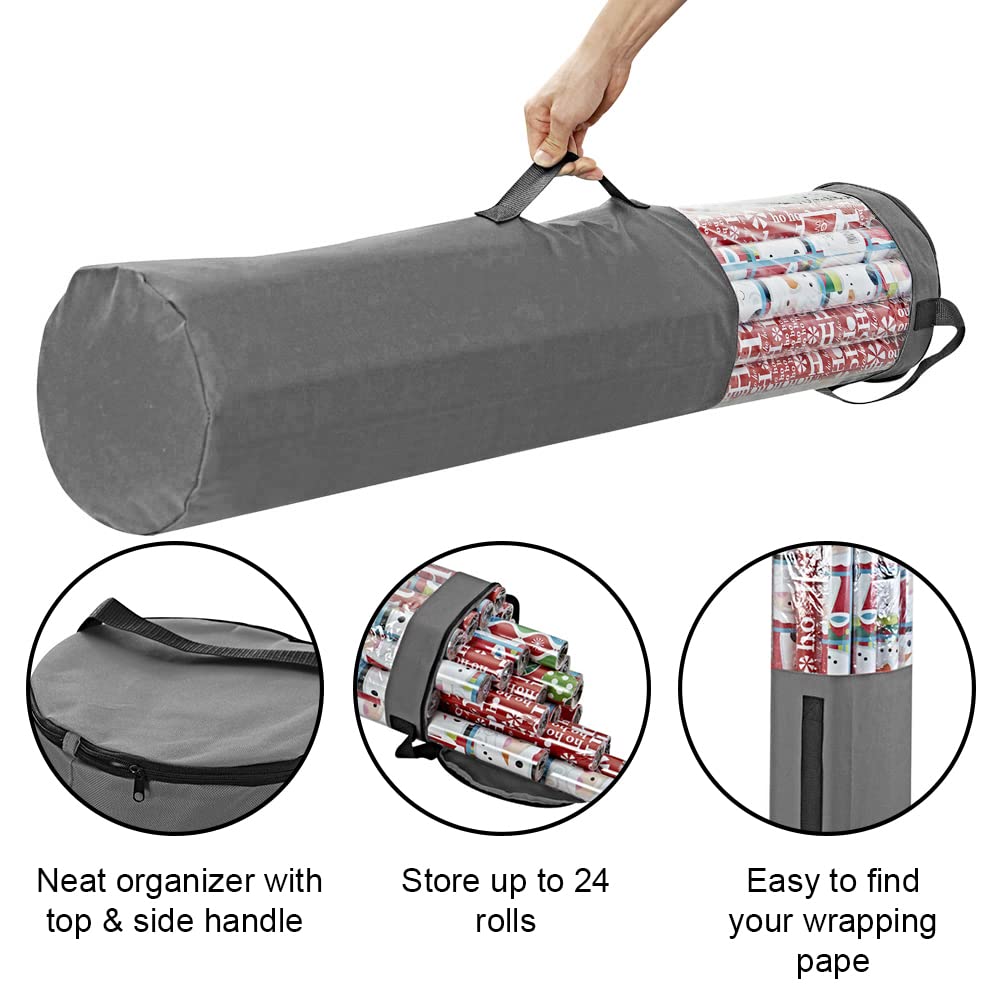 ProPik Gift Wrapping Paper Storage Organizer Bag, Store Up To 25 Rolls 40 Inch, Heavy Duty Polyester plus PVC Clear Bag With Handles And Zippered Top For Holiday Gift Wrap And Ribbons (Grey)