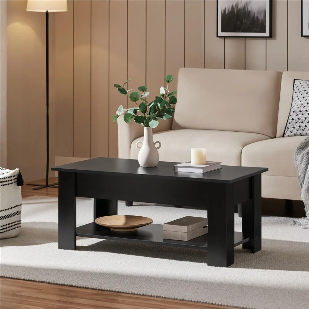 Coffee Table with Lift Top, Lift Table Dining Center Table with Lower Shelf, Modern Wooden Coffee Table for Living Room, Study, Office, Small Space (Black)