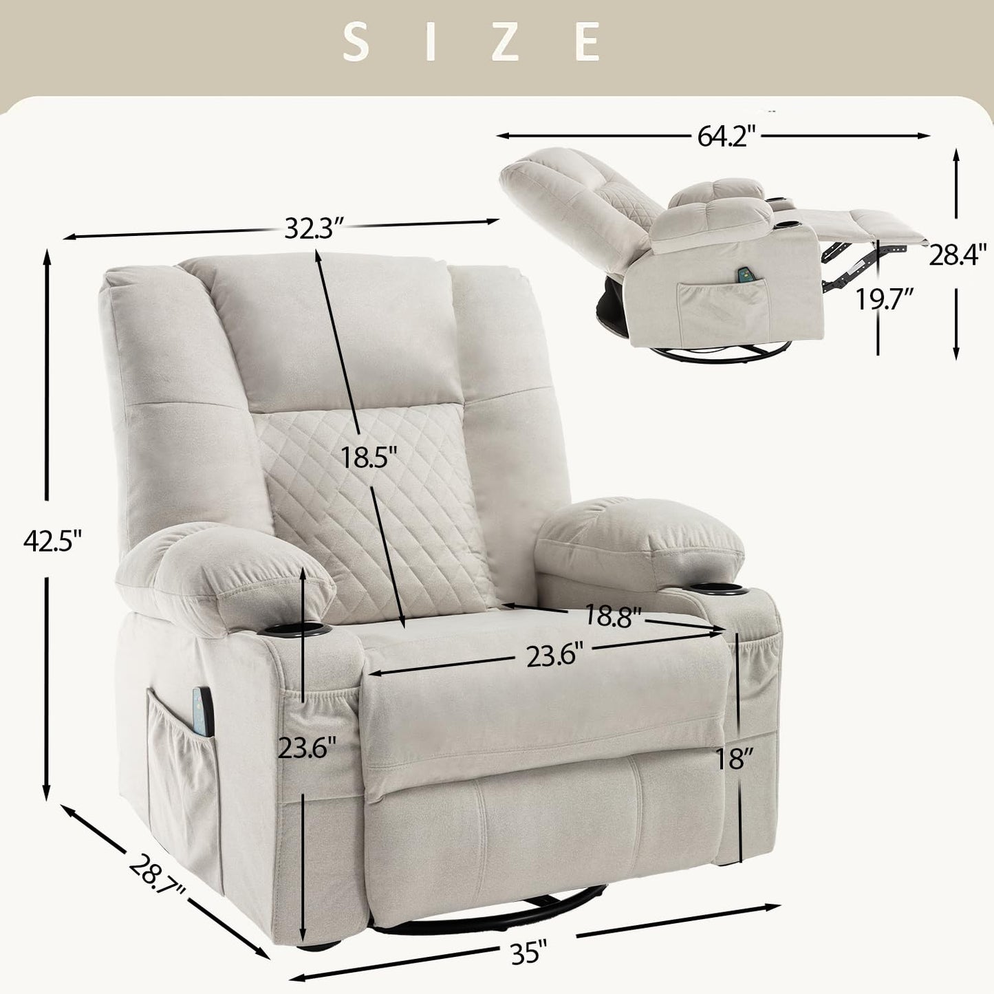 Swivel Recliner with Massage and Heat, Scratch-resistant Fabric Rocking Reclining Chairs for Adults, Overstuffed Recliners with Cup Holders, Modern Manual Rocker Recliner Chairs for Living Room, Beige