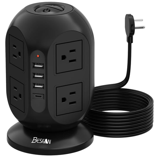 Surge Protector Power Strip Tower with 8 AC Outlets 4 USB Ports (1 USB C), 10 ft Flat Extension Cord with Multiple Outlets Charging Station for Dorm Home Office Essentials, Black
