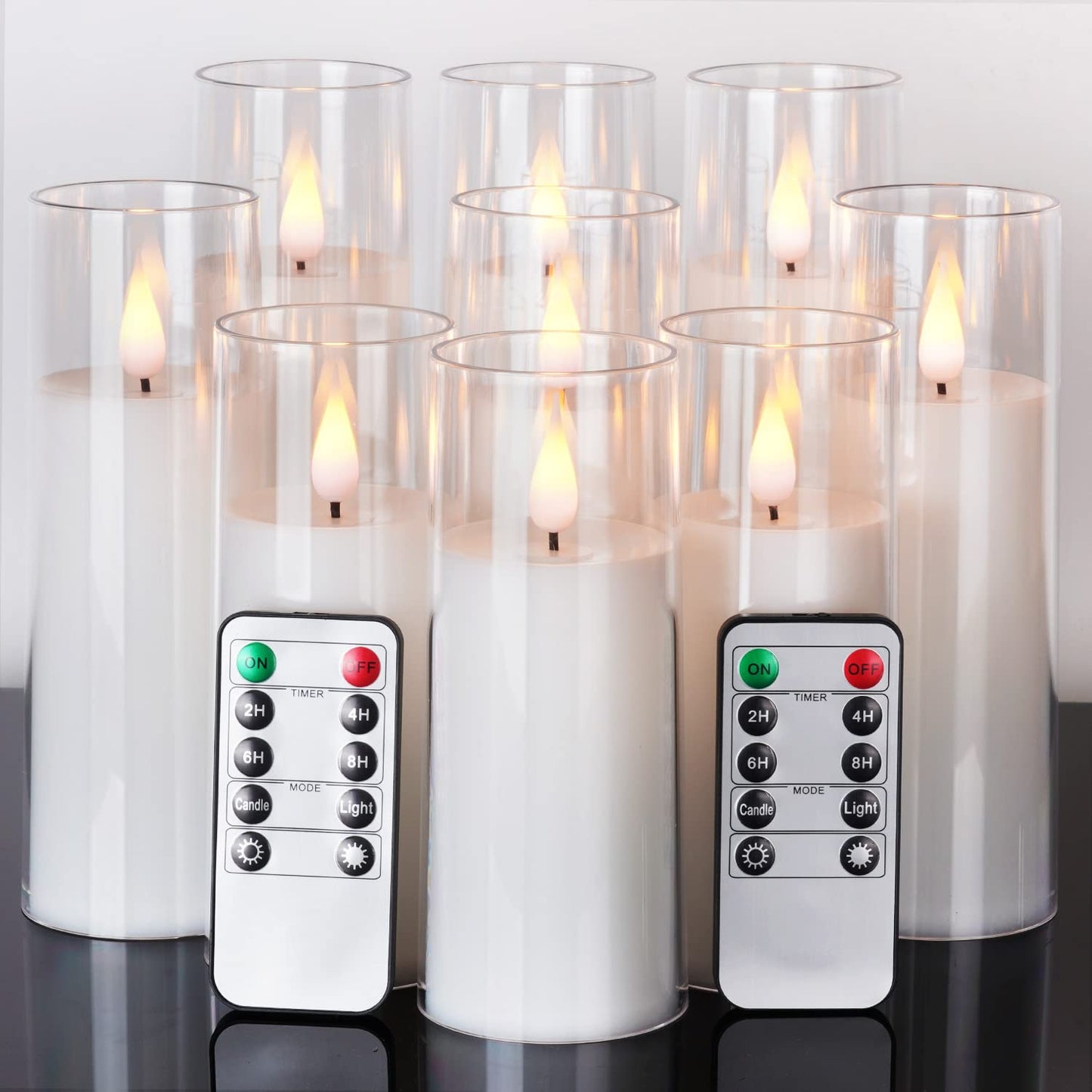 Amagic Pure White Flameless Candles, Battery Operated Candles, Acrylic Flickering LED Pillar Candles with Remote Control and Timer, 3D Wick, Yellow and Blue Glow, D2.2 xH5 6" 7", Set of 9