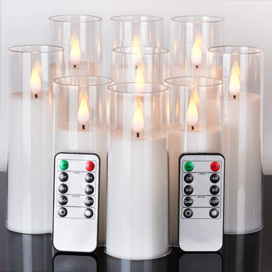 Amagic Pure White Flameless Candles, Battery Operated Candles, Acrylic Flickering LED Pillar Candles with Remote Control and Timer, 3D Wick, Yellow and Blue Glow, D2.2 xH5 6" 7", Set of 9