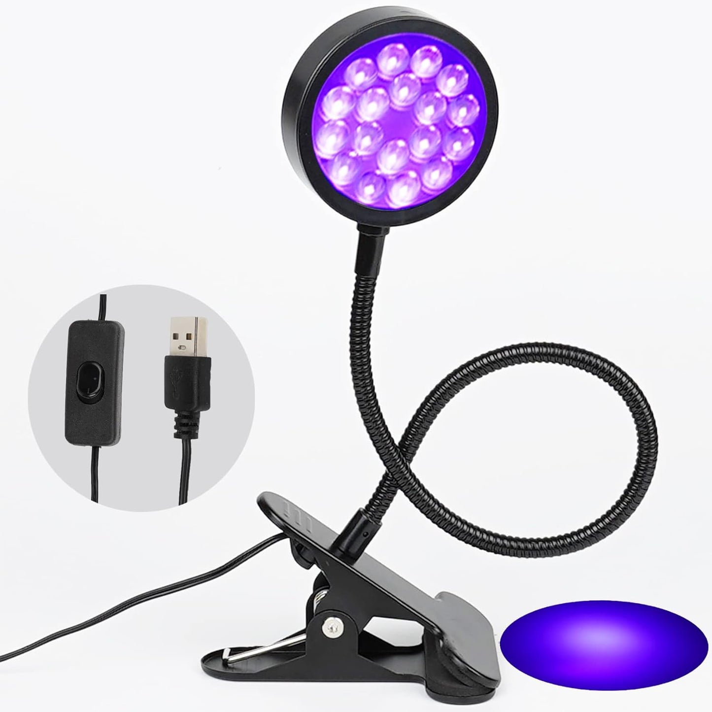 UV LED Black Light Clamp Light with USB, Upgraded 5W 395nm Portable Gooseneck Lamp with Clip for Gel Nail, Pet Urine Detection, UV Glue Curing, Blacklight Posters, Fluorescent Paint, Resin Art