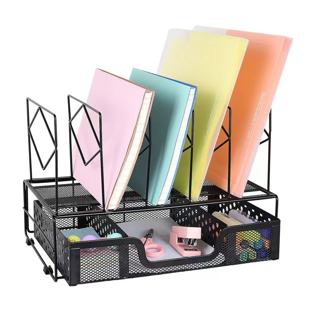 gianotter Desk Organizers and Accessories, Office Supplies Desk Organizer with Sliding Drawer, Double Tray and 5 Upright Section File Sorter Organizer (Rose Gold)