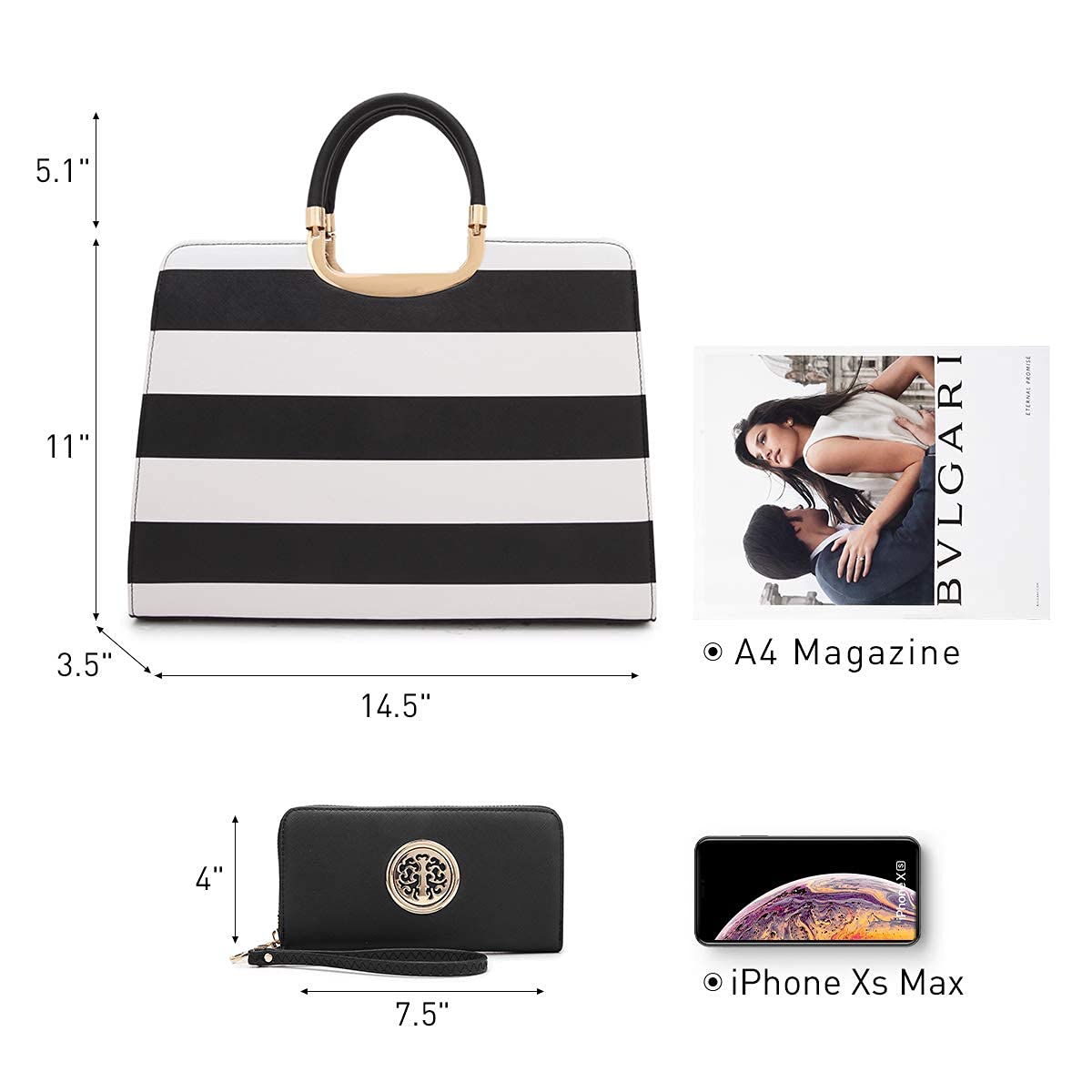 Womens Handbag Top Handle Shoulder Bag Tote Satchel Purse Work Bag with Matching Wallet (4-Black/White) Large