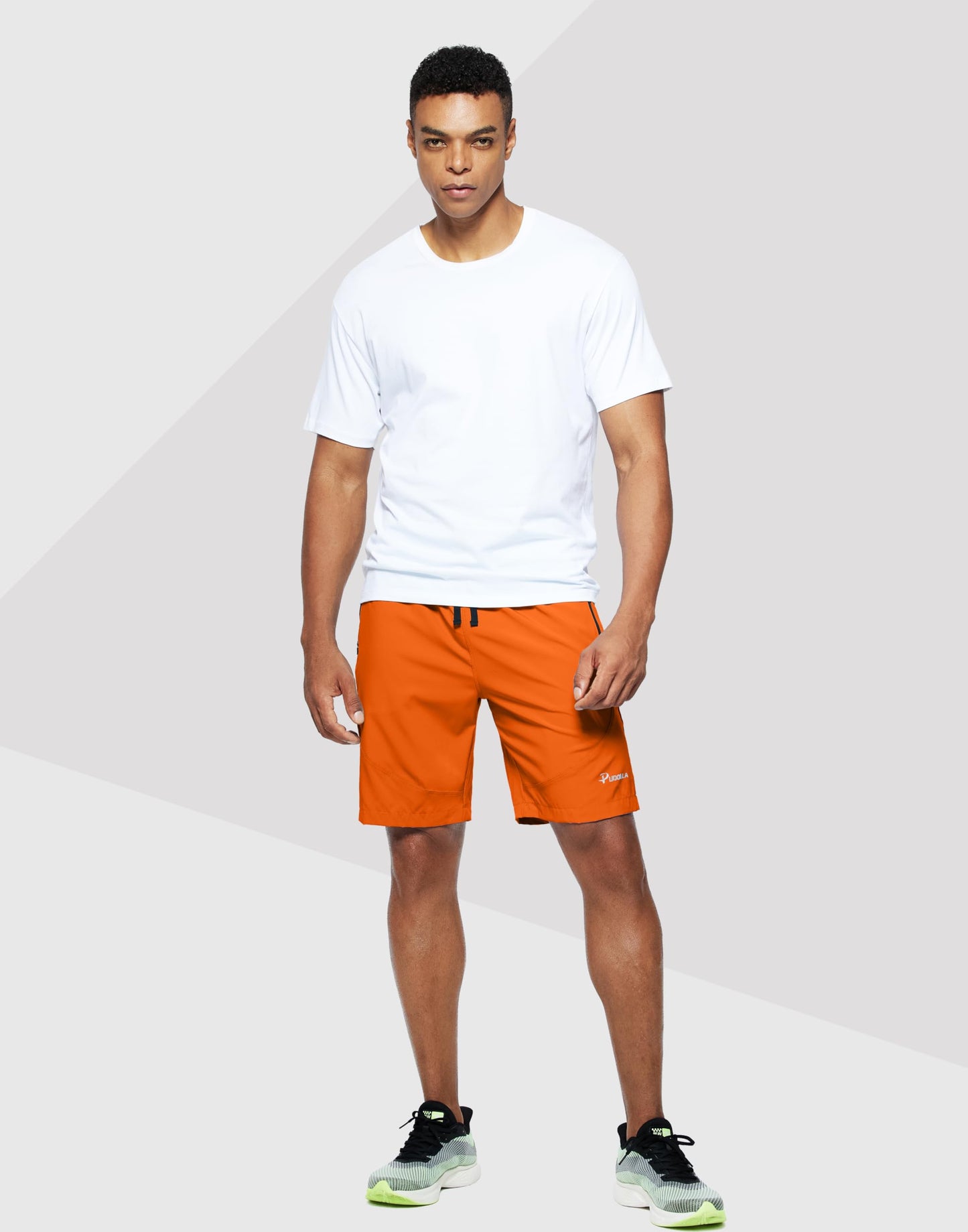 Pudolla Men's Workout Running Shorts Lightweight Gym Athletic Shorts for Men with Zipper Pockets(Orange Large)