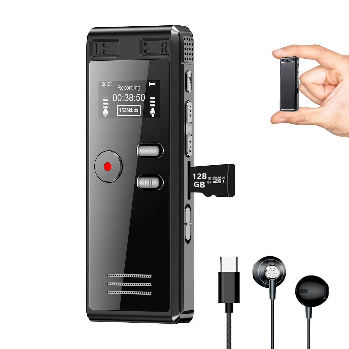 128GB Digital Voice Recorder With Playback - 3072 Kbps HD Voice-Activated Recording and Noise-Canceling, Audio Device for Lectures Meetings, A-B Repeat, MP3 Player