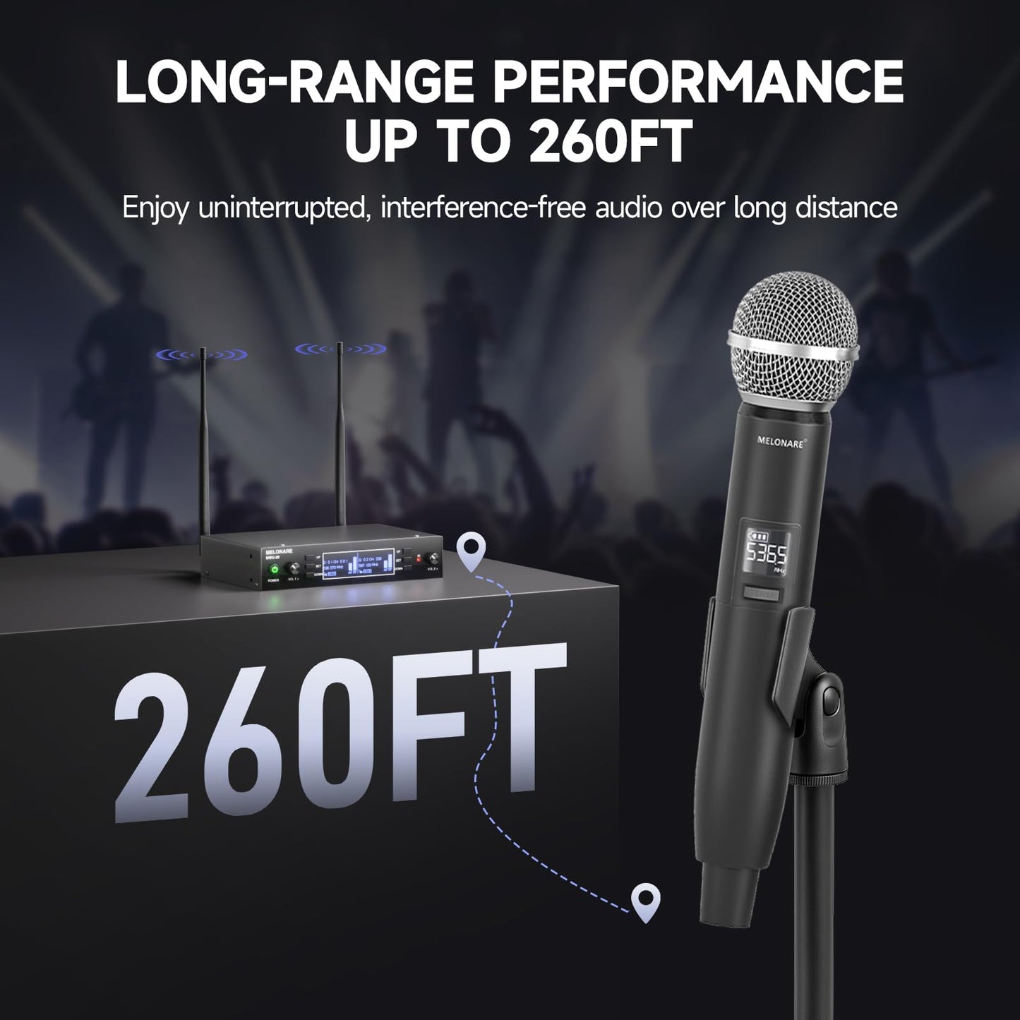 Dual Channel Wireless Microphone System, MELONARE Auto-Scan Professional Cordless Dynamic Mic Set, 260ft Range, 2x100 UHF Metal Wireless Mic for Singing, Karaoke, Church, Wedding, DJ (MWU-20-2H)