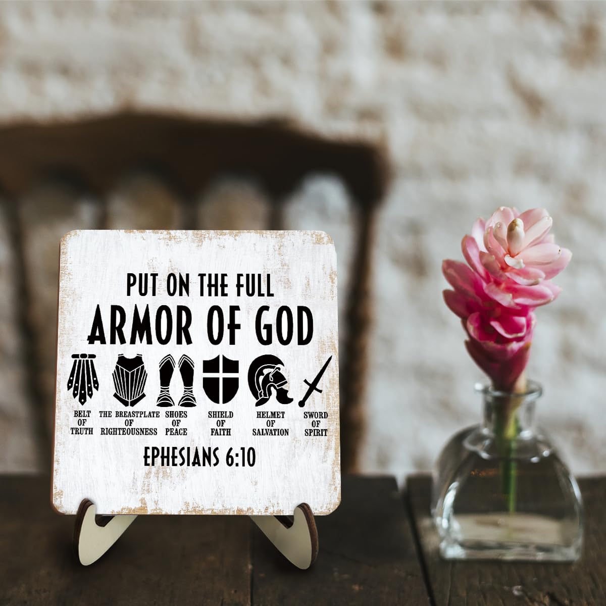 Inspirational Christian Wood Sign Rustic Religious Bible Verse Desk Decor Decorative Faith Jesus Decorations for Home Cave Men Room Decor Office Accessories Table Shelf Wooden Plaque with Wood Stand