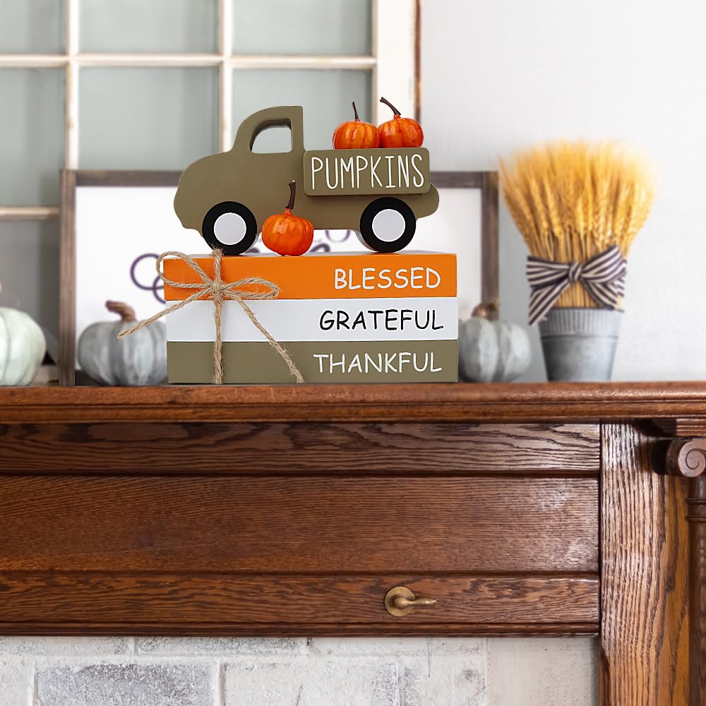 AKEROCK Fall Table Decor, Farmhouse Wooden Fall Signs with Book Stack, 3D Truck and 5 Individual Pumpkins for Tiered Tray, Coffee Bar, Shelf and Mantle Decor - Fall Decorations for Home