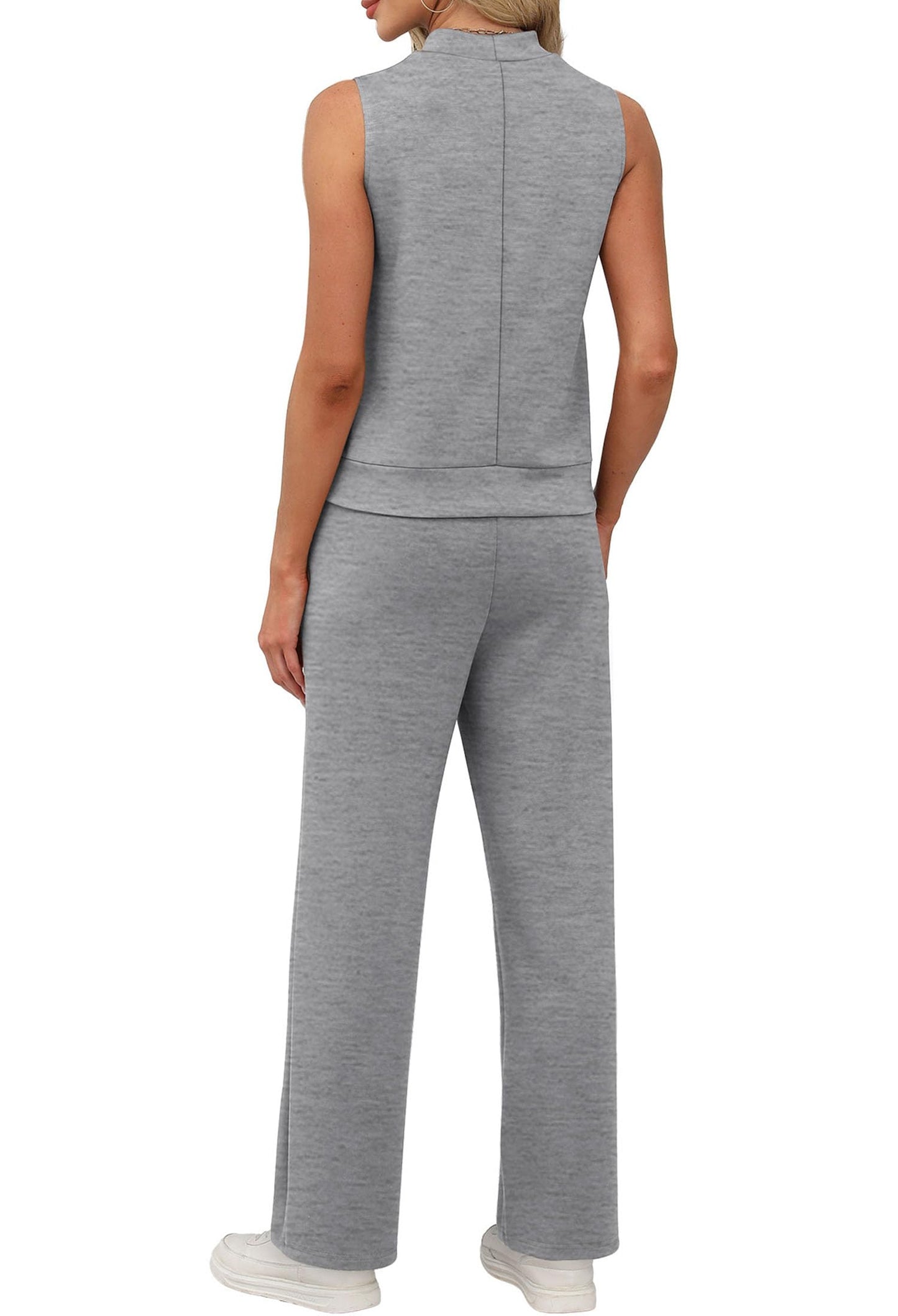 XIEERDUO Lounge Sets for Women Trendy 2 Piece Summer Outfits Beach Vacation Clothes Luxury Fashion Matching Set Travel Mock Neck Wide Leg Pants Grey XL