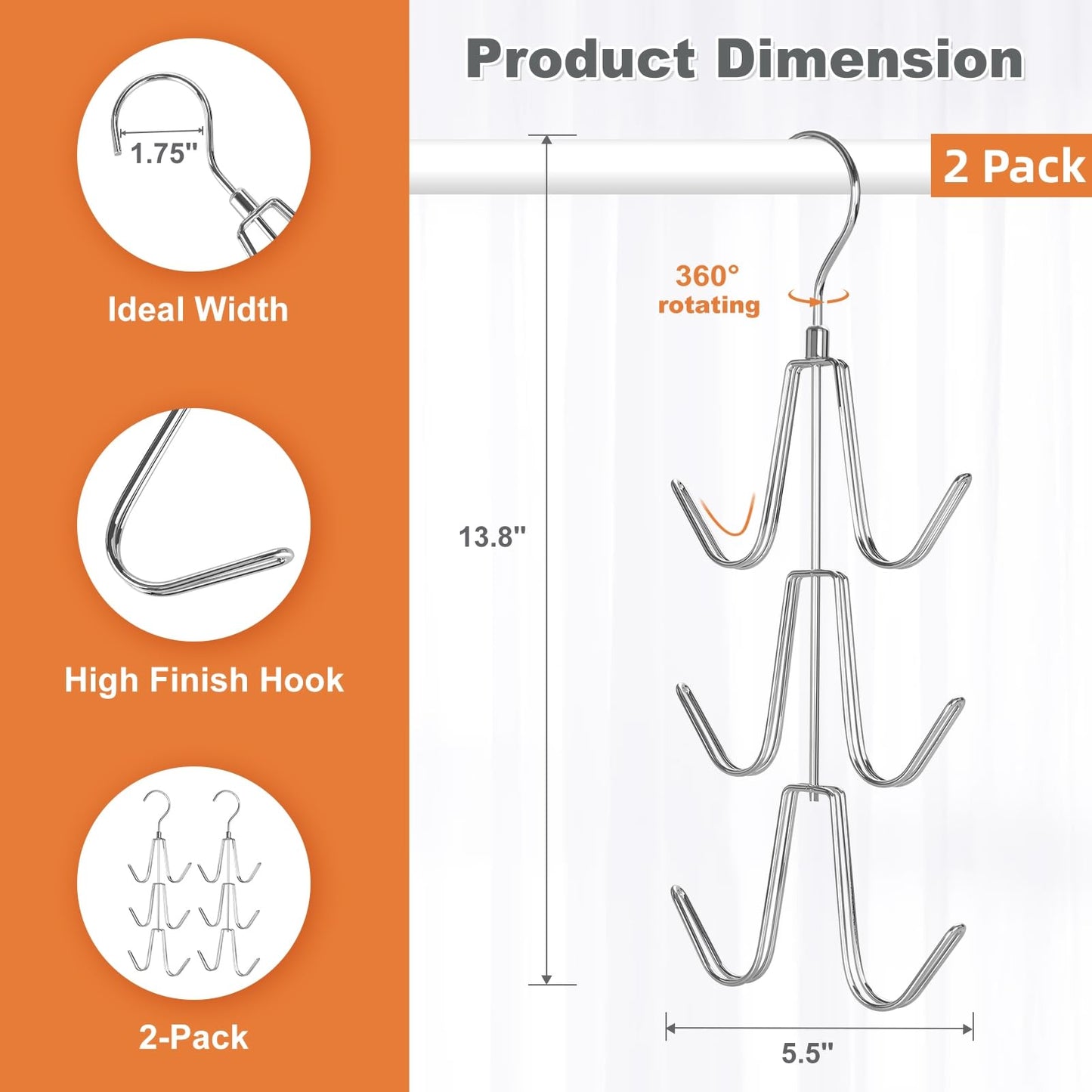 TOPIA HANGER Purse Hanger Organizer for Closet, 2-Pack Handbag Organizer Hanger, 360°Swivel Metal Purse Hooks, Bag Rack, Belt Organizer, Tie Rack, Scarf Hanger, Bag Storage Organizer, Silver