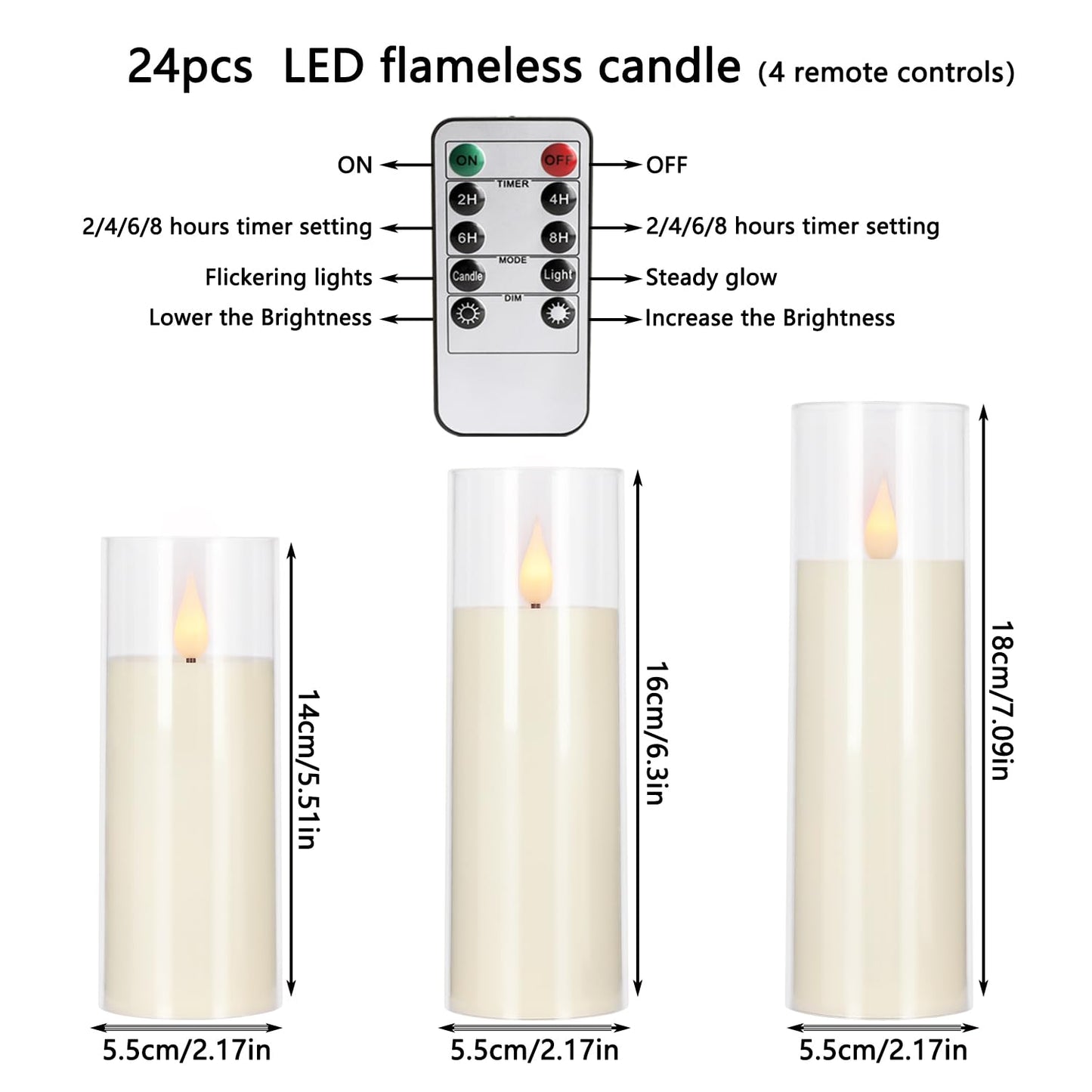 CLTNIKET 24 Pack LED Flameless Candles Set(14/16/18cm), Battery - Operated with 4 Remotes,Clear, Timer & Flickering/Steady Modes for Home décor, Wedding, Patio,Outdoor.