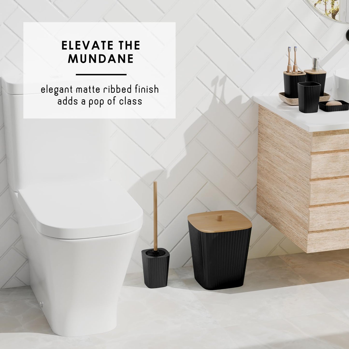 Clara Clark Bathroom Accessories Set - Bathroom Set, 20PC Bathroom Accessory Set, Black Shower Curtain Set, Toilet Brush, Trash Can & Soap Dispenser