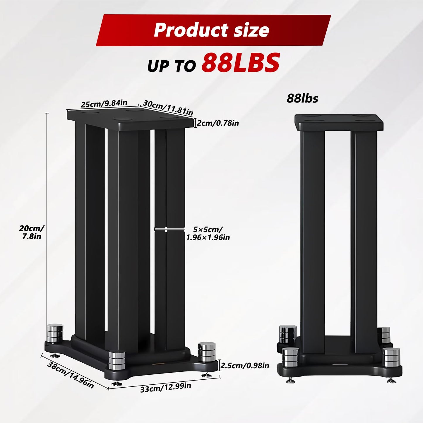 A Pair of Universal Speaker Stands, Heavy Duty Speaker Stands Holds Bookshelf Speaker Satellite Speaker Large Speaker, Vibration-Absorbing MDF Design, Holds 88lbs Speaker (Black, 20cm/7.8in)
