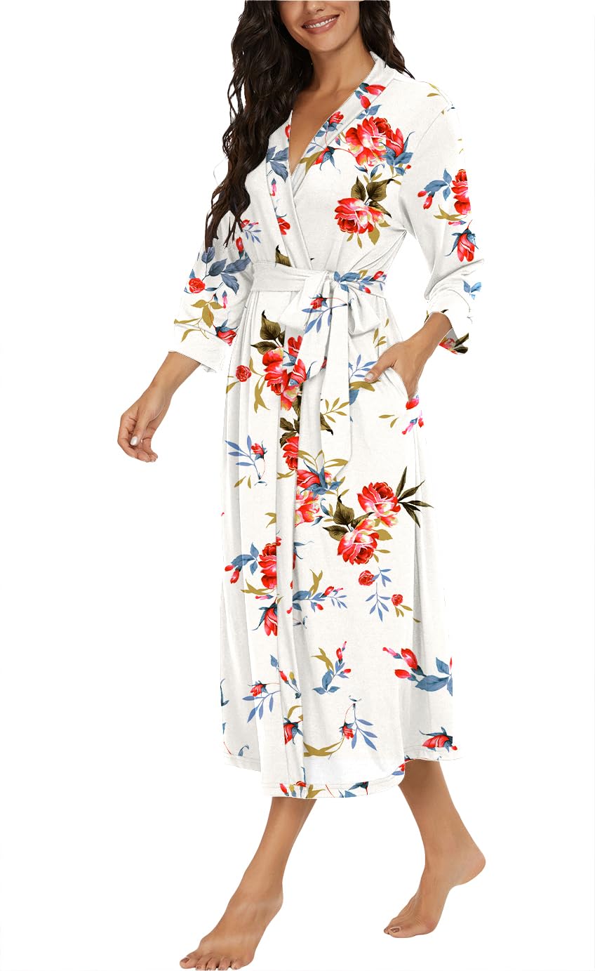 VINTATRE Women Kimono Robes Long Knit Bathrobe Lightweight Soft Knit Sleepwear V-neck Casual Ladies Loungewear FP-White-X-Large