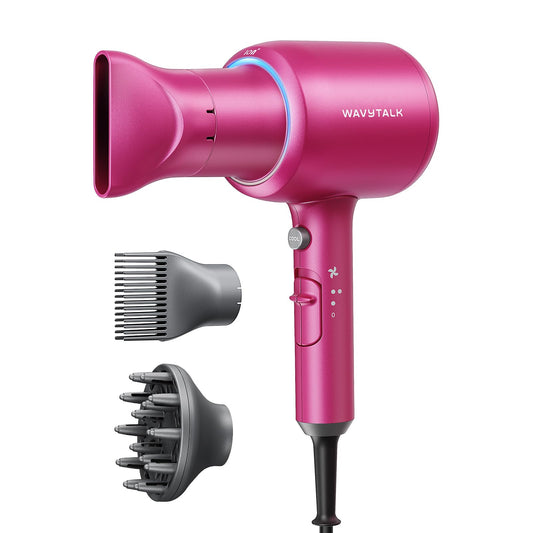 Wavytalk Hair Dryer with Diffuser, Blown Away Ionic Hair Dryer for Curly Hair, 1875W Fast Drying Blow Dryer with Ceramic Technology, 3 Attachments for All Hair Types, Light and Quiet, Hot Pink