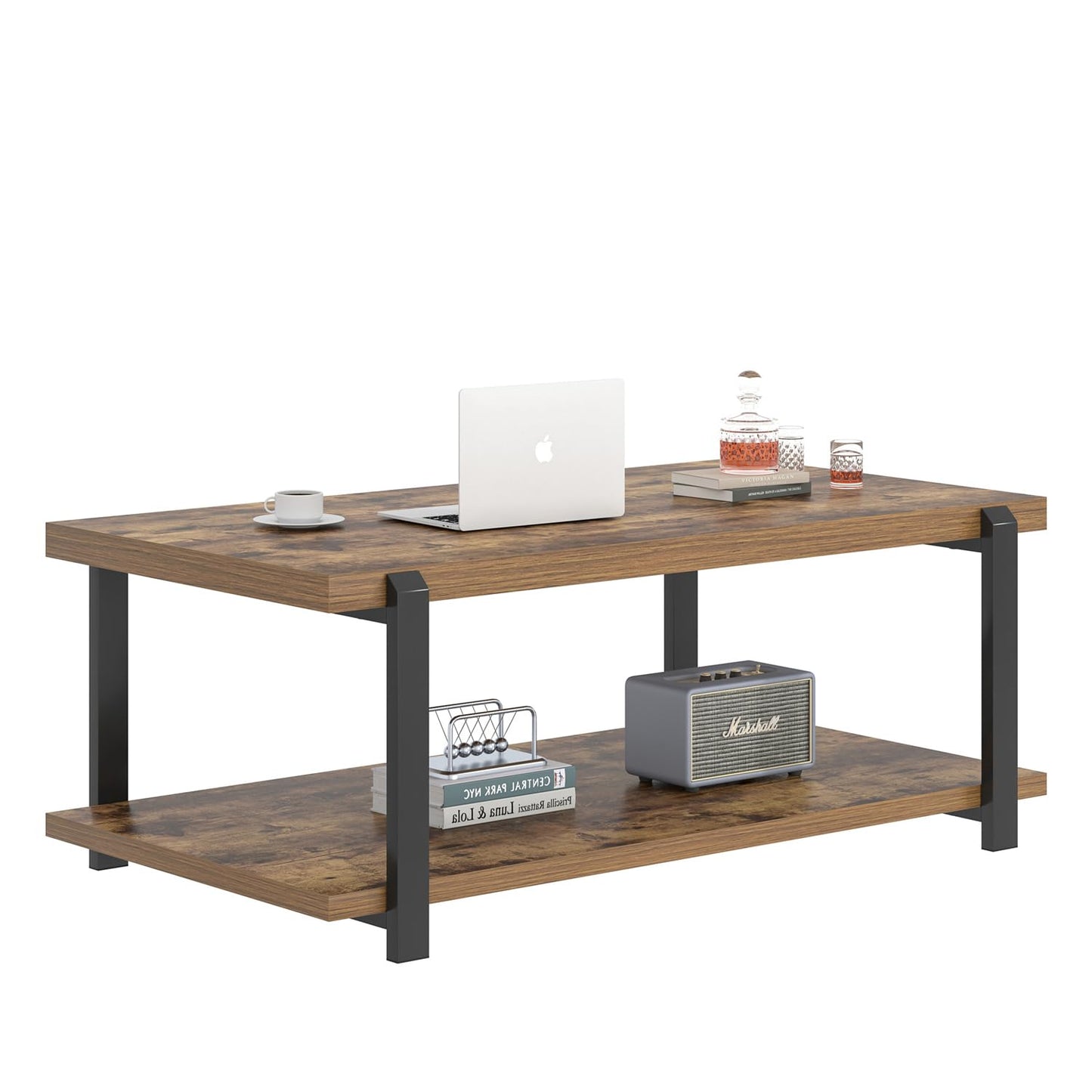 FOLUBAN Modern Coffee Table, Rustic Wood Center Table with Storage for Living Room, Industrial Rectangle 2 Tier Low Cocktail Tea Table, Rustic Brown