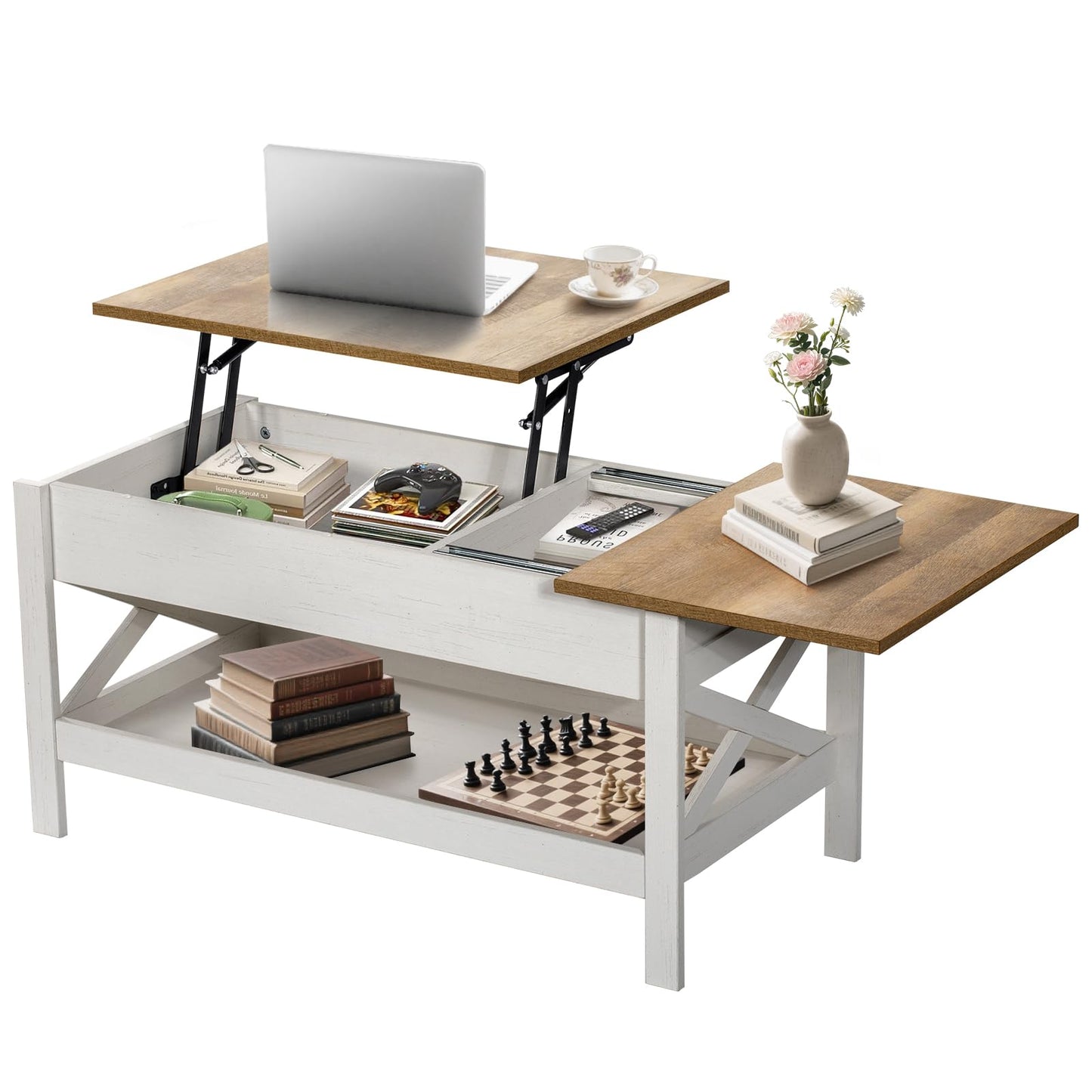 Vendricasa Lift Top Coffee Table with Storage, 39" Wooden Table for Lifting Top with Hidden Compartment, X Design Coffee Table for Living & Office & Reception Rooms, Rustic Brown