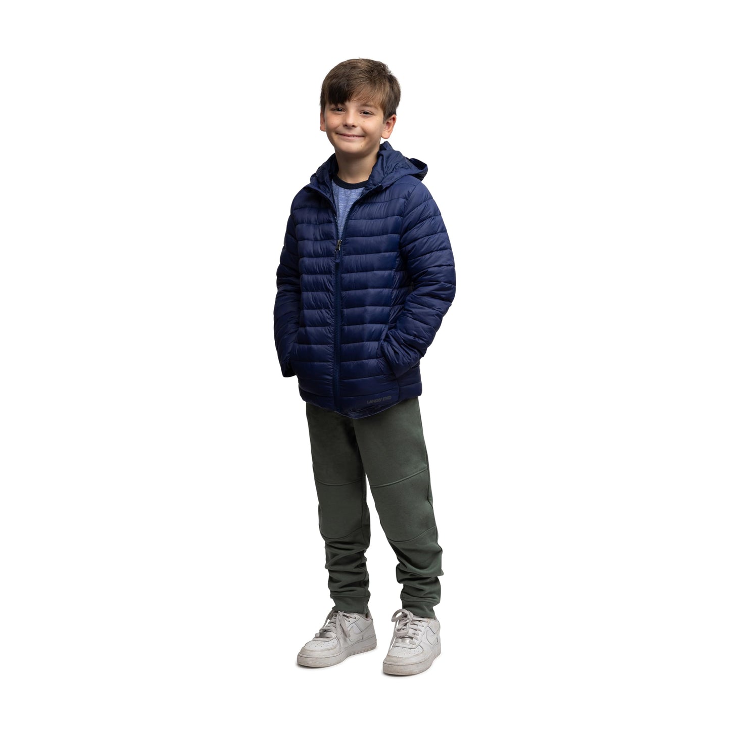Lands' End Kids Full Zip Lightweight Thermoplume Hooded Jacket, Navy, Large
