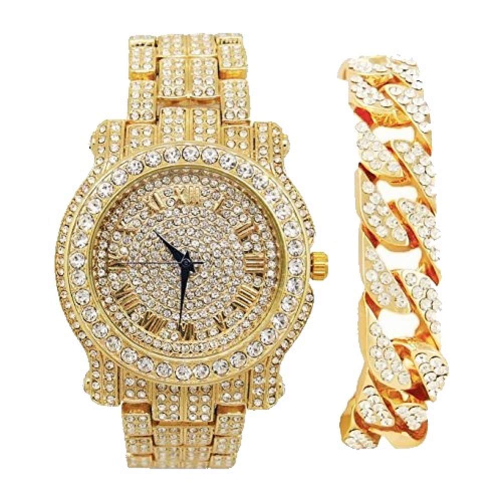 Charles Raymond Bling-ed Out Silver Round Luxury Mens Watch w/Bling-ed Out Cuban Bracelet - L0504B - Cuban (Gold)