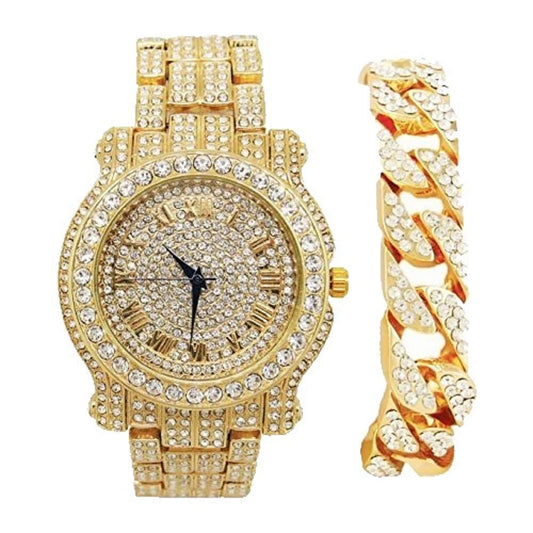 Charles Raymond Bling-ed Out Silver Round Luxury Mens Watch w/Bling-ed Out Cuban Bracelet - L0504B - Cuban (Gold)
