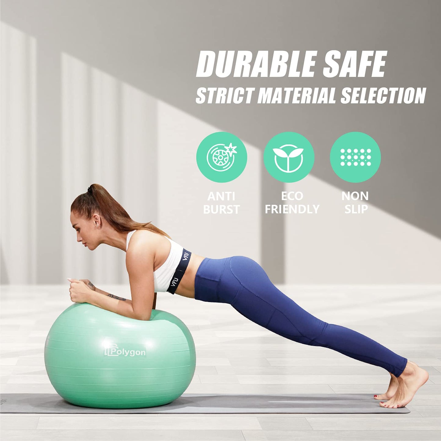 Polygon Exercise Ball - Professional Grade Anti-Burst Fitness Yoga Ball for Pilates, Pregnancy, Balance, Stability - Ideal for Home, Office, and Gym Workouts(Mint-65CM)