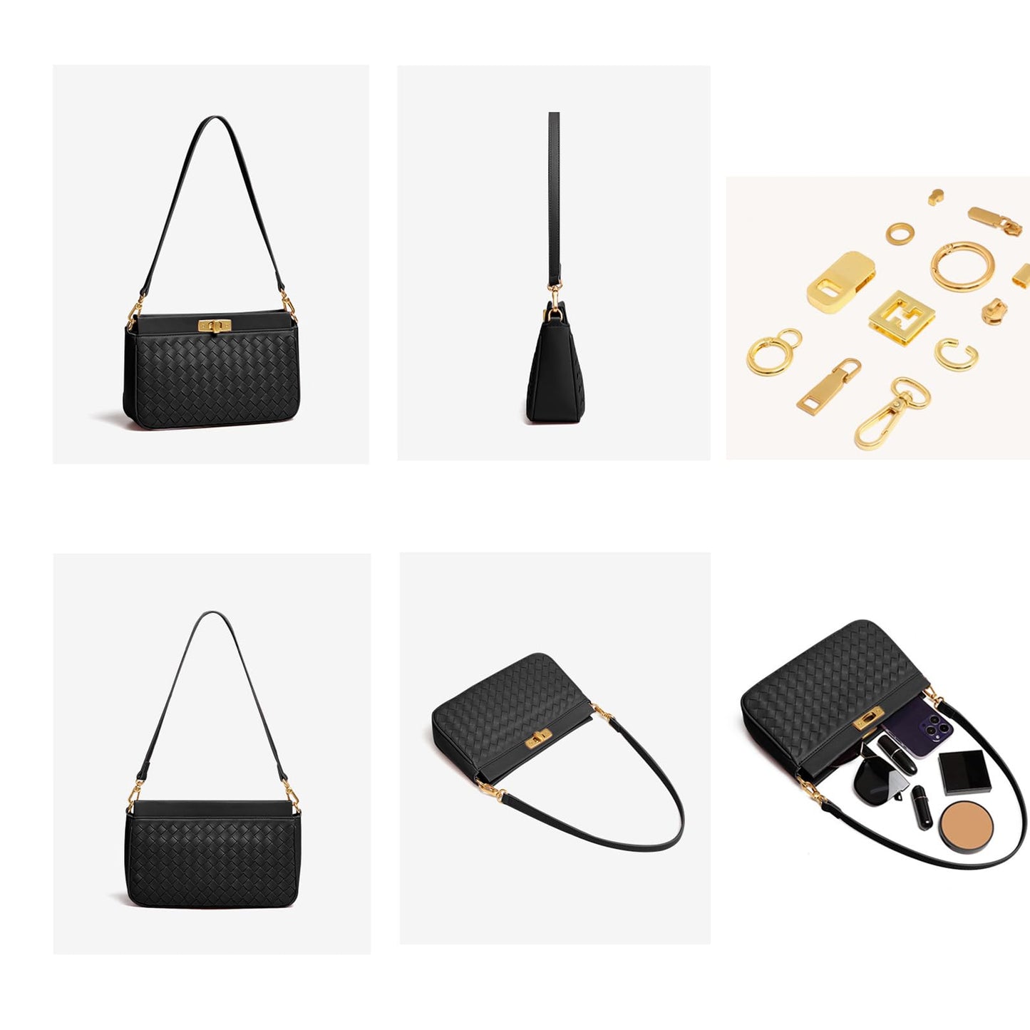 Shoulder Bag for Women Weave Lightweight Tote Bags Vegan Leather Handbags Handmade Cute Bags Sling Purse with Pocket Black