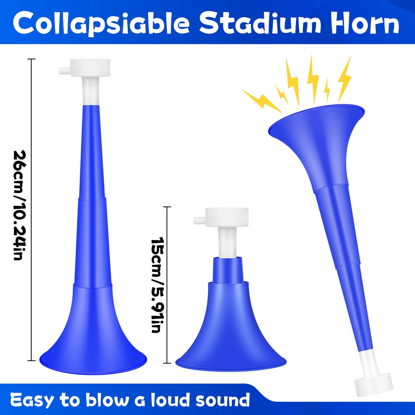 Denylo pro Collapsible Stadium Horn NoiseMaker 10.2 Inch Vuvuzela Plastic Trumpet Horn Blue Soccer Horn Blow Horn Noisemakers for Sporting Events Graduation Games School Sports Party Supplies