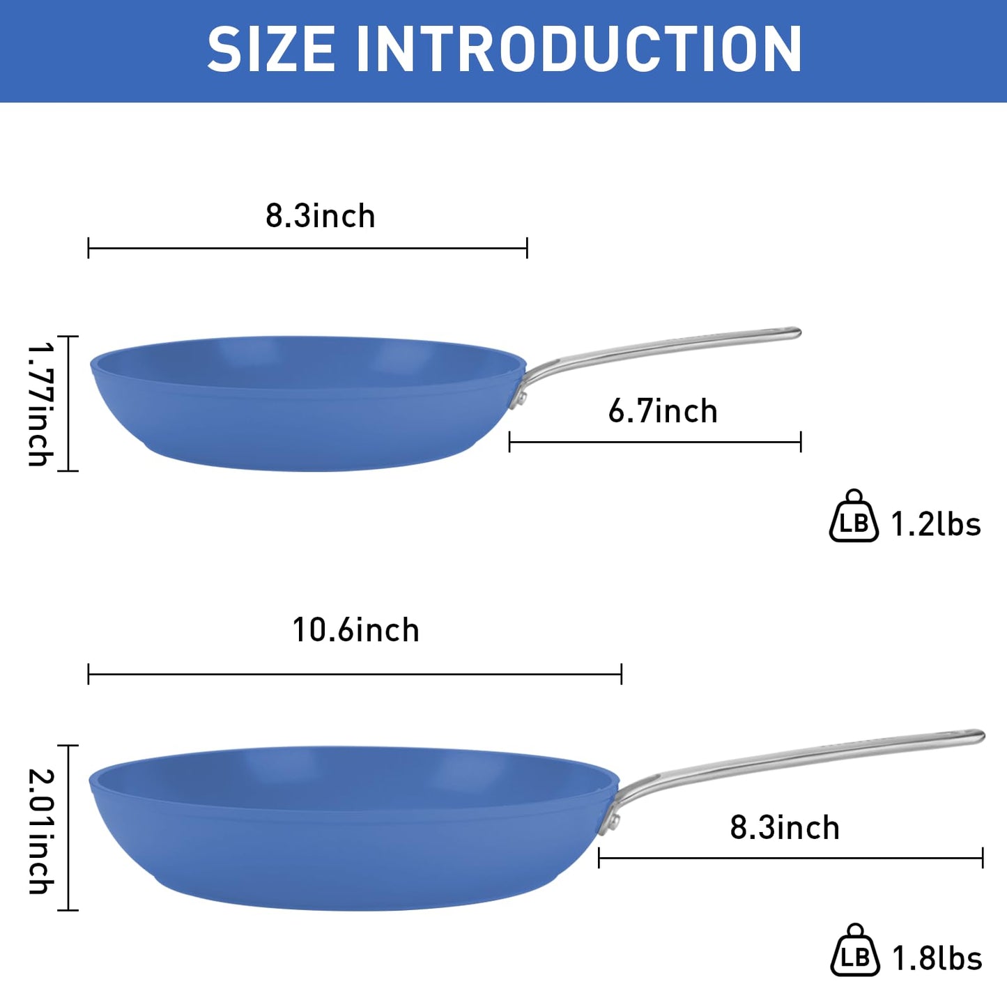 MsMk Ceramic Nonstick 8-inch and 10-inch Frying Pan Set, No PFAS & PTFE & PFOA, Stainless Steel Handle, Dishwasher & Oven Safe,Blue