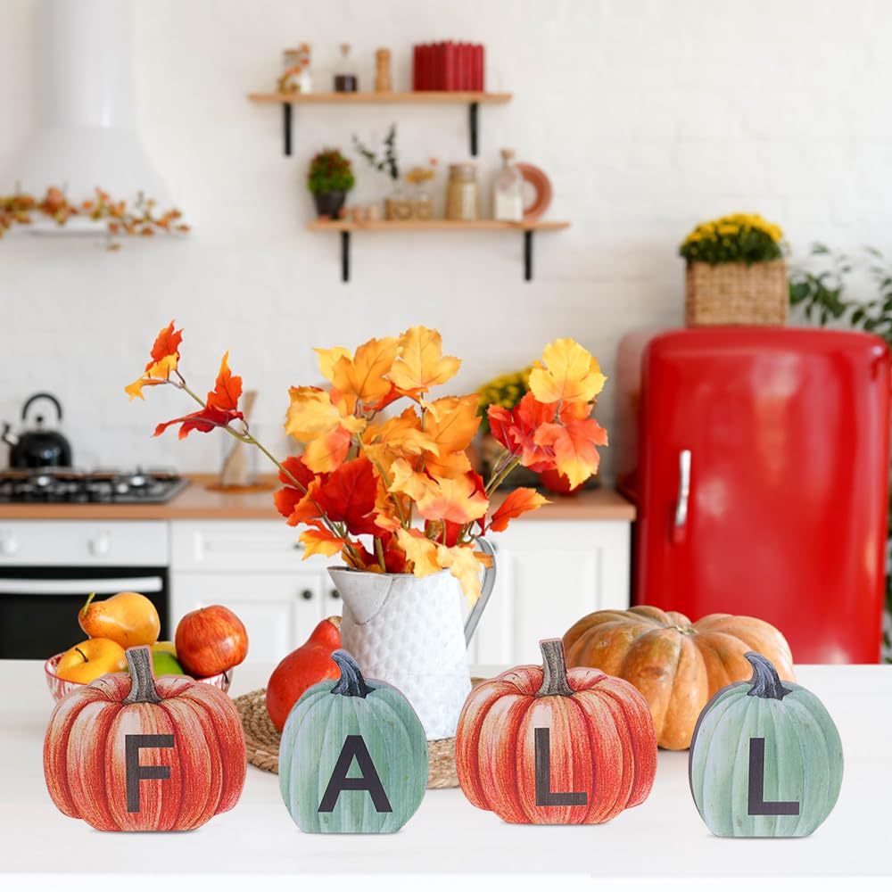 DECSPAS Fall Decorations for Home & Halloween Decorations Indoor, Double-Sided Pumpkin Wood Sign with Fall & Boo Lettered, Autumn Wooden Block Set for Table, Tiered Tray, Mantle, Thanksgiving Decor
