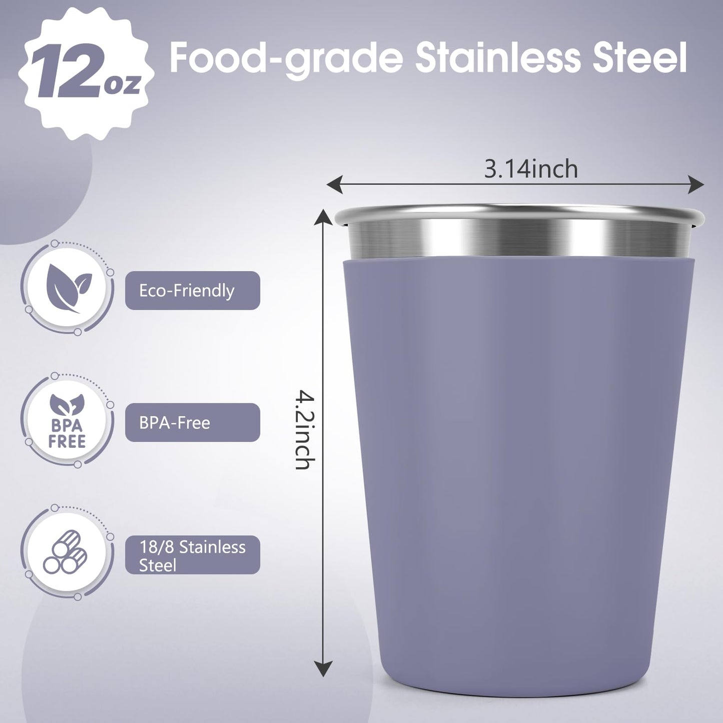 Vermida Stainless Steel Cups for Kids and Toddlers, 12oz Stackable Stainless Steel Kids Cups with Silicone Sleeves Sweat Proof, Unbreakable Metal Cups for Home & Outdoor, BPA Free (4 Pack)