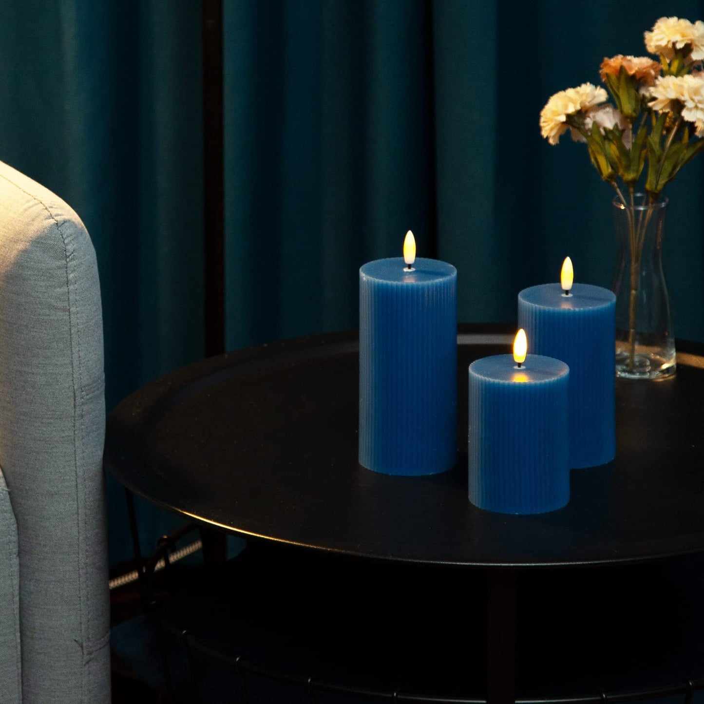 BEMOMENT LED Flickering Flameless Candles, Battery Operated LED Candles with10-Key Remote Control, Set of 3 (Dark Blue)