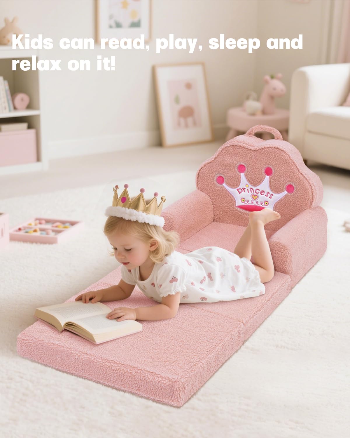 MOONBEEKI Kids Couch, 2-in-1 Convertible Soft Sherpa Fabric, Toddler Chairs Comfy 1-5 Years Old, Cartoon Animal & Crown Design, Toddler Furniture for Bedroom and Playroom, Pink Crown, Medium