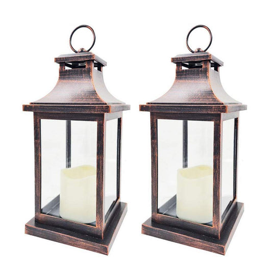 LED Decorative Lanterns - Set of 2 - Kate Aspen Vintage Rustic Home Décor Lantern Tabel Centerpiece for Wedding, Bridal Shower, Anniversary Party - Copper