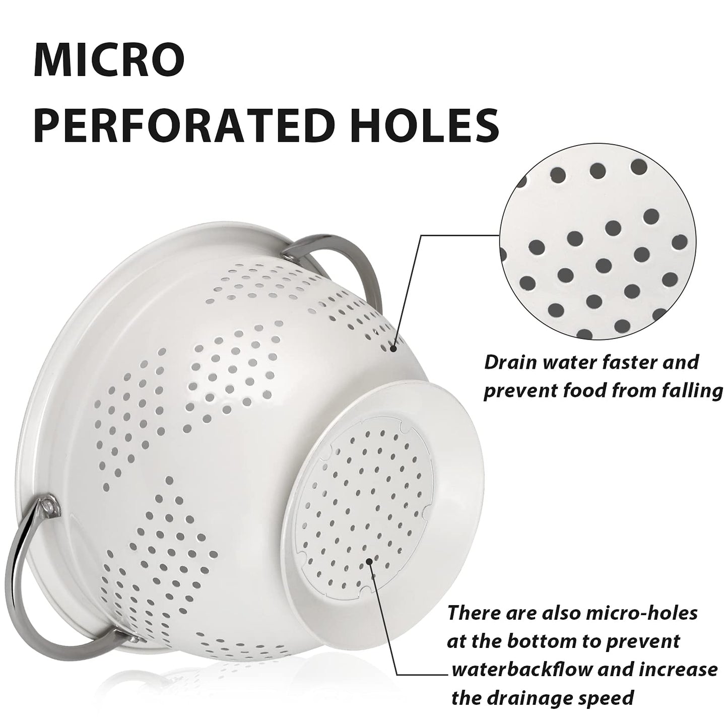 Hillbond Colander Set of 3, 1.5, 3, 5 QT Powder Coated Metal Strainers with Riveted Stainless Steel Handles and Stable Base, Food Strainers and Colanders for Kitchen, White