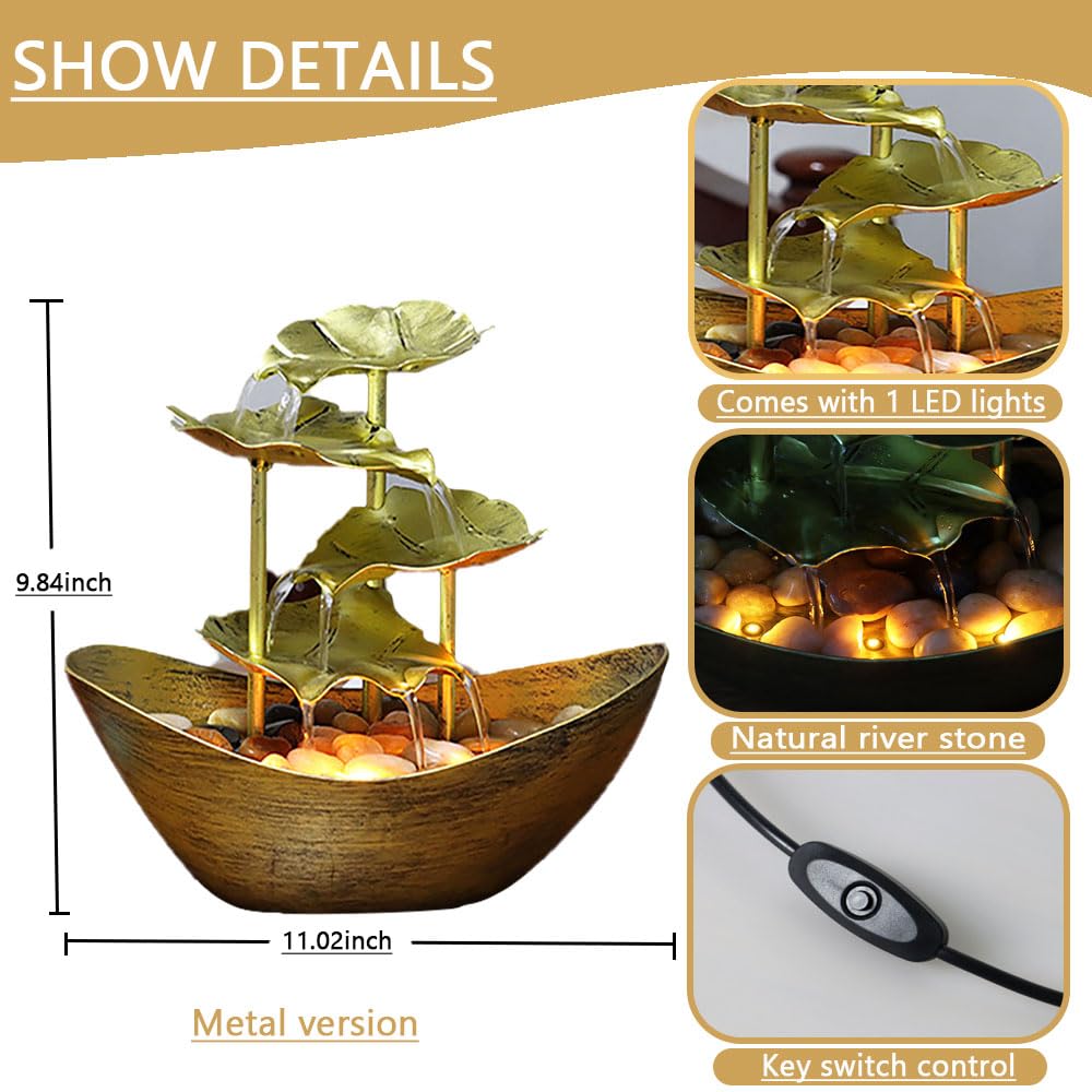 Resin Bronze Lotus Leaf Tabletop 4-Tier Fountain with Waterfall for Home Decoration
