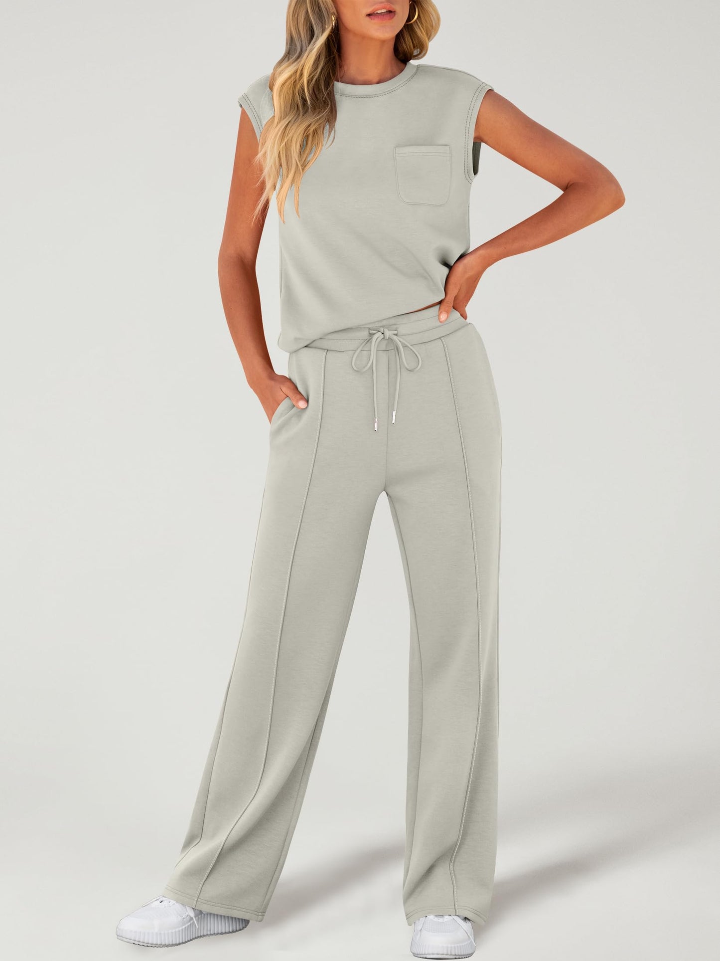 ANRABESS Two Piece Sets for Women Summer Sleeveless Sweatsuits Wide Leg Casual Lounge Set Matching Vacation Travel Outfits Large