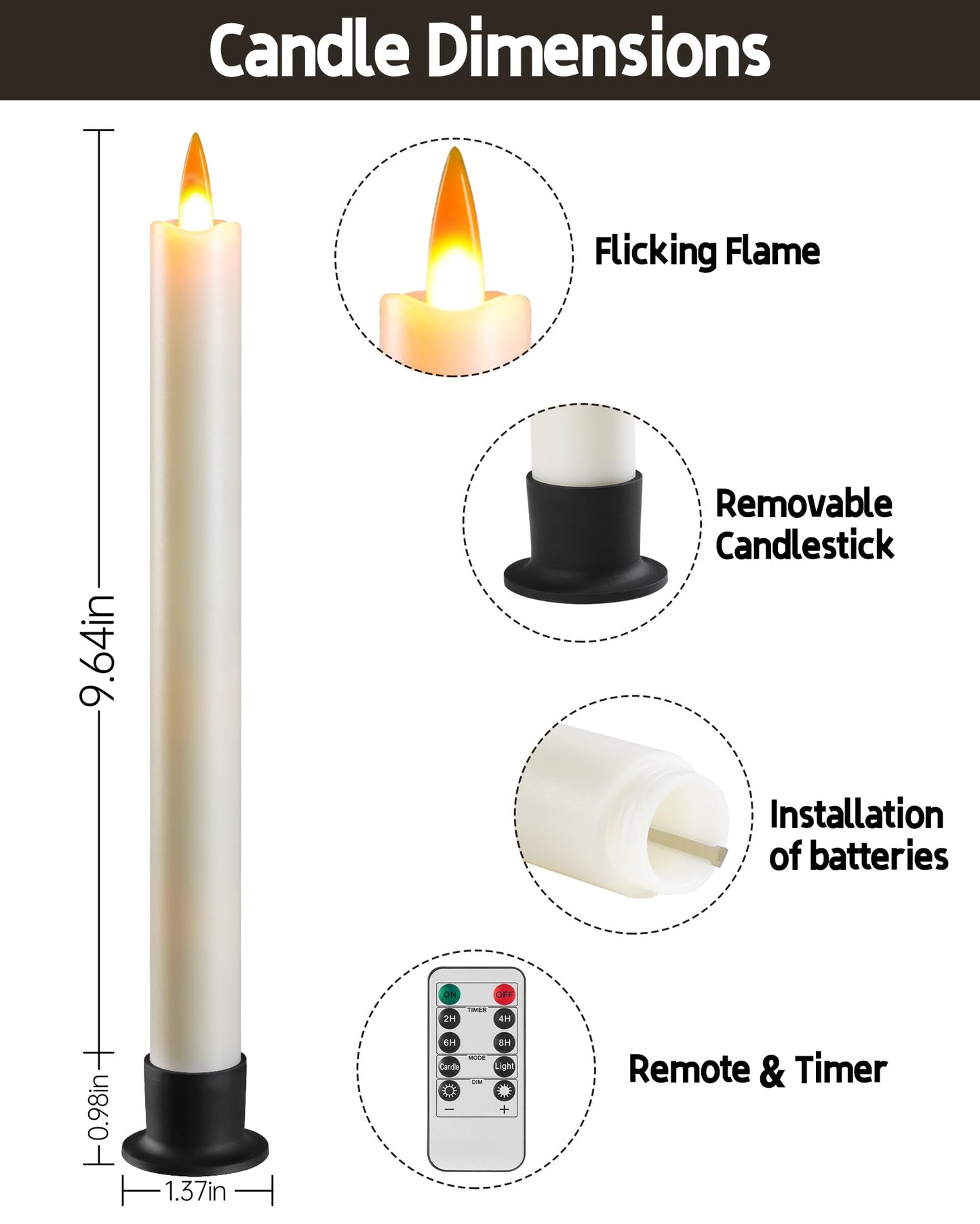 Da by 3 LED Flameless Table Candles with Remote Timer, 9.6 Inch Ivory Candle Holder, Battery Powered 3D Flickering False Flame Window Candle, Free 3 Black Bases