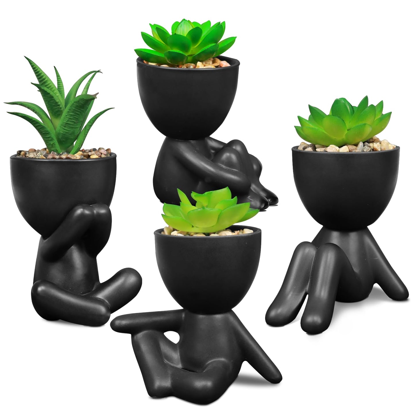 SEMSOIIO Pack of 4 Black Cute Fake Plants, Artificial Succulent Plants with Creative Human Shaped Pots,Mini Potted Desk Plants for Office Bathroom Shelf Cubicle Home Decor (Matte Black)