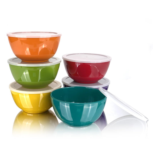yongzhenlite Set of 6 Melamine 28oz Salad Bowl Set,6 inch Round Soup Bowl,100% Melamine Dinnerware set for Dinner or Picnic Party,Break-resistant and BPA Free,Multicolor (with Lid)