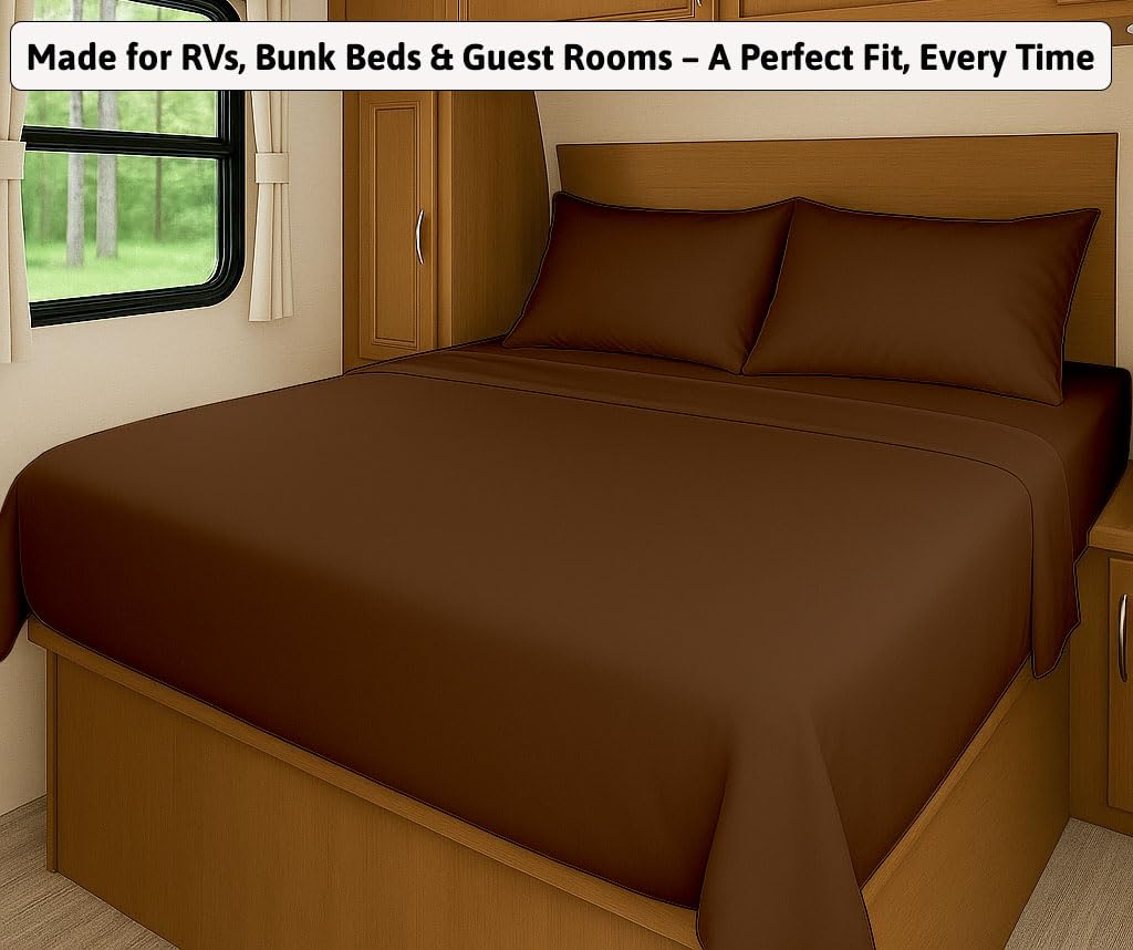 SlumberWell 4 Piece Luxury Soft Microfiber Fitted Bed Sheet Set for Campers, 8 to 12 Inch Deep Pocket, RV Three Quarter 48 x 75 3/4 Full Bunk, Chocolate