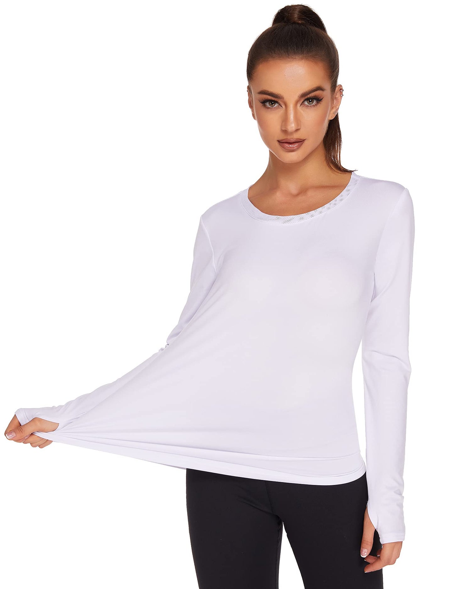 PINSPARK Long Sleeve Workout Tops for Women Mesh Breathable Yoga Tops Hiking Gym Shirts Quick Dry Running Clothes White S