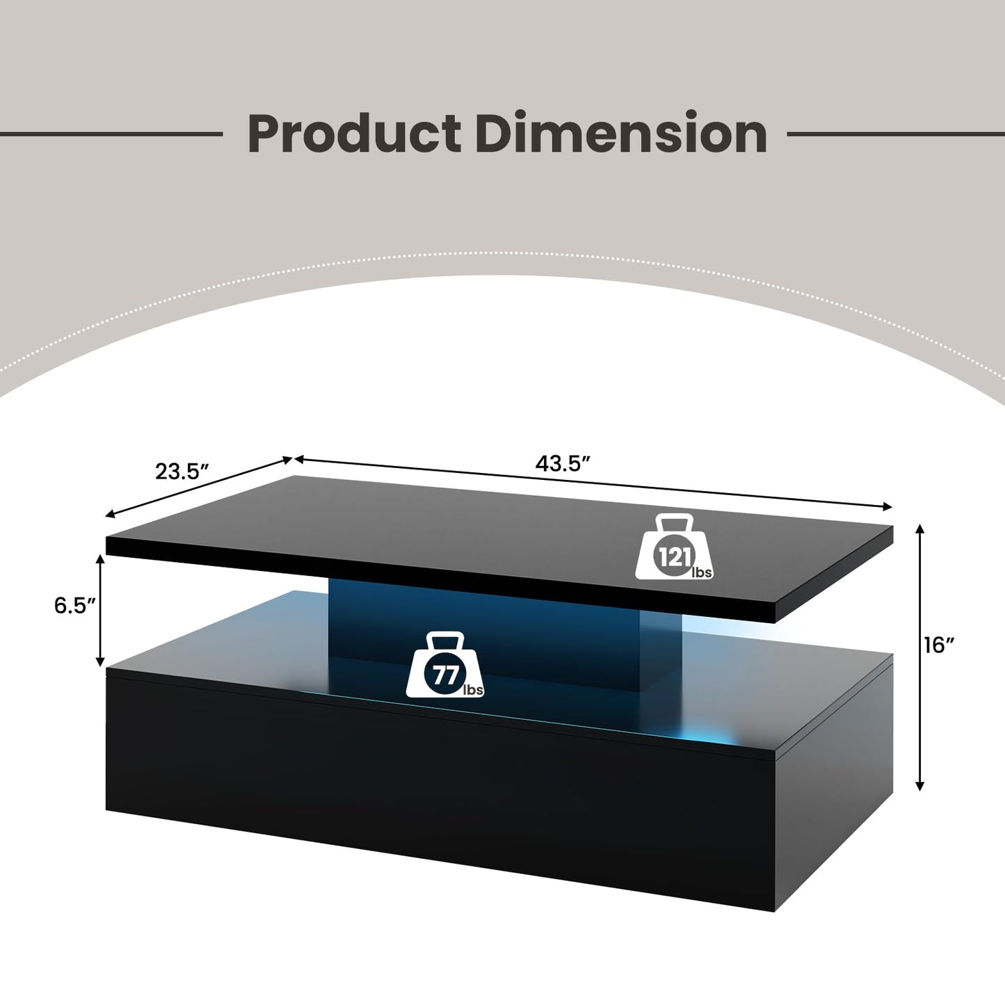 Tangkula LED Coffee Table, Modern High Gloss Coffee Table w/ 20-Color LED Lights, Adjustable Speed & Brightness, Remote Control, Open Shelf, 2-Tier Rectangle Living Room Center Table (Black)